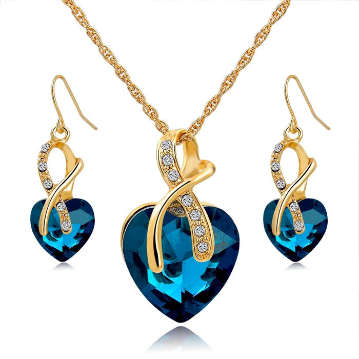 Gold Plated Jewelry Sets For Women Crystal Heart Necklace Earrings Jewellery Set Bridal Wedding Accessories 