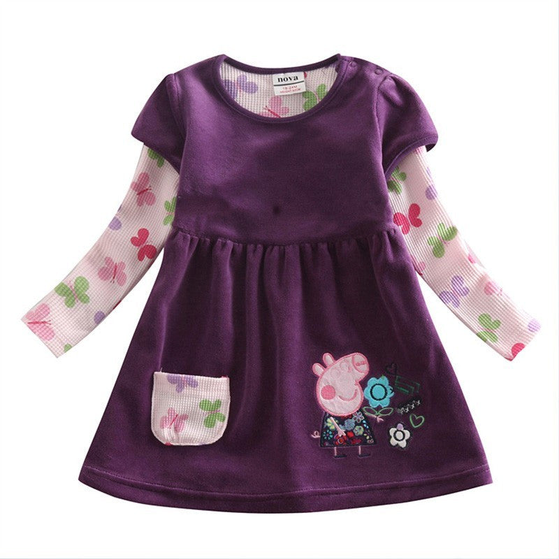 GirlWinter dress children floral dress clothing for girls kids princess baby embroidery cartoon pig dress for girls