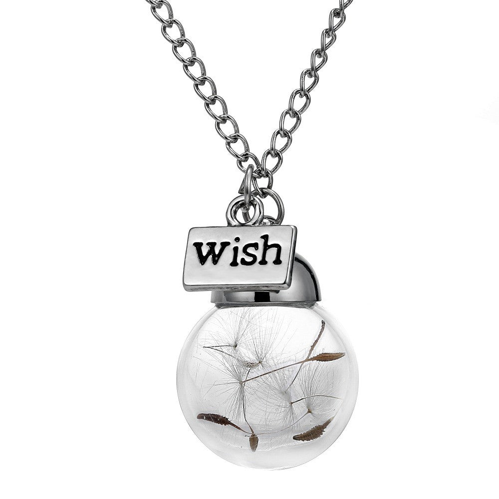 Glass bottle necklace Natural dandelion seed in glass long necklace Make A Wish Glass Bead Orb silver plated Necklace jewelry