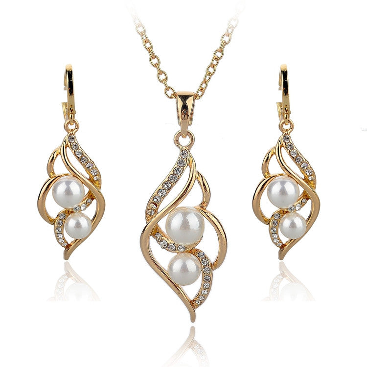 Gold Plated Elegant Fashion Inlaid Crystal Jewelry Sets Imitation Pearl Earrings Necklaces Set For Women Wedding