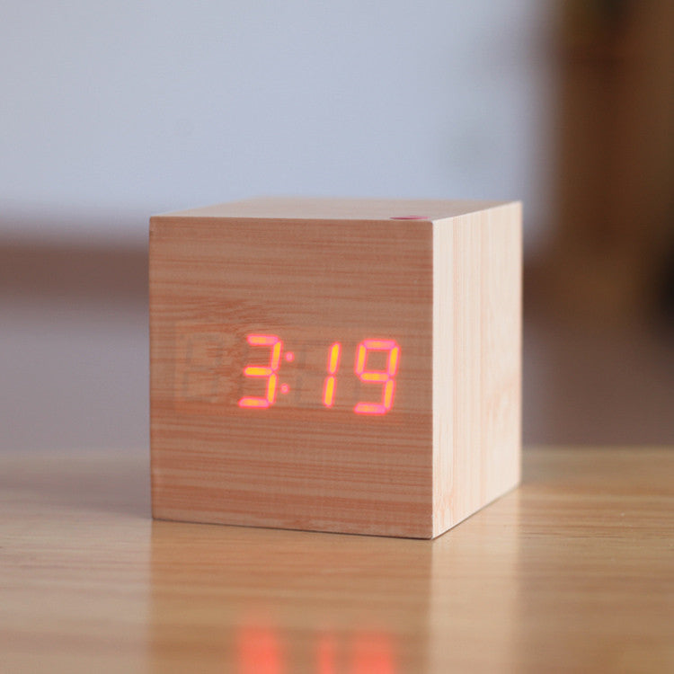Exquisite Square Digital Alarm Clock 4 Color LED Display Thermometer Sound control Wood led clock Home decoration Novel gift