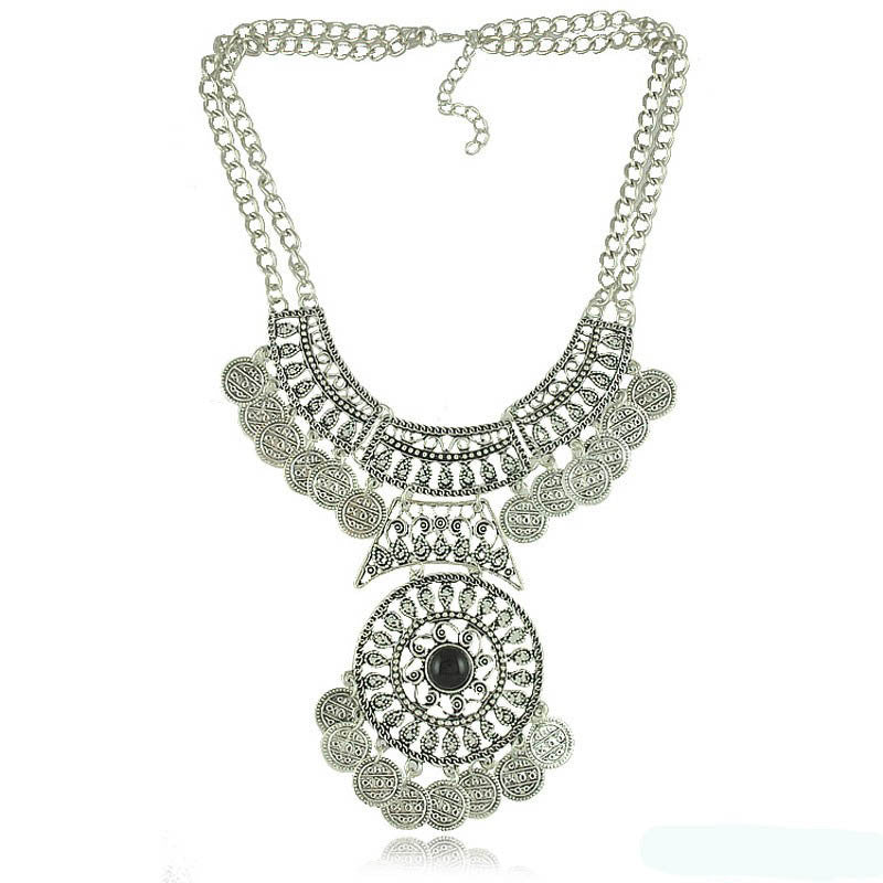 Gypsy Bohemian Vintage Silver Plated Coin Turkish Beachy Bib Statement Necklace Women Necklaces & Pendants Jewelry Colar
