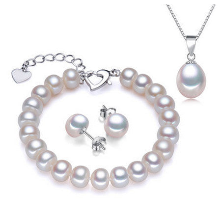 HOT Selling 18k white gold plated pearl jewelry sets for women high quality 8-9mm genuine pearl jewelry