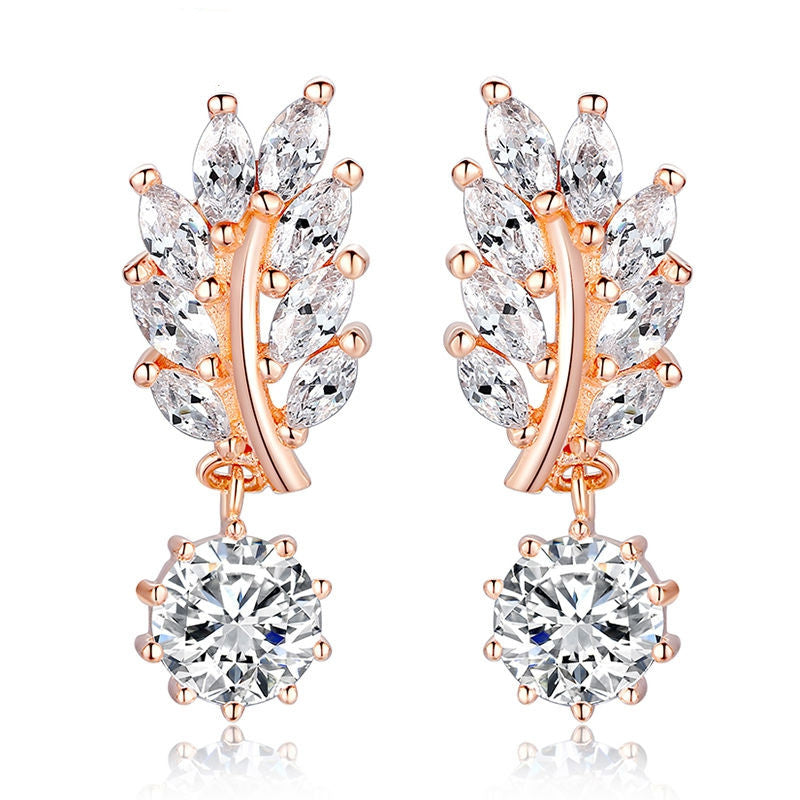 HOT Trendy Jewelry Women Drop Earring Rose Gold Plated with CZ in Leaf Shape for Special Novelty Earring