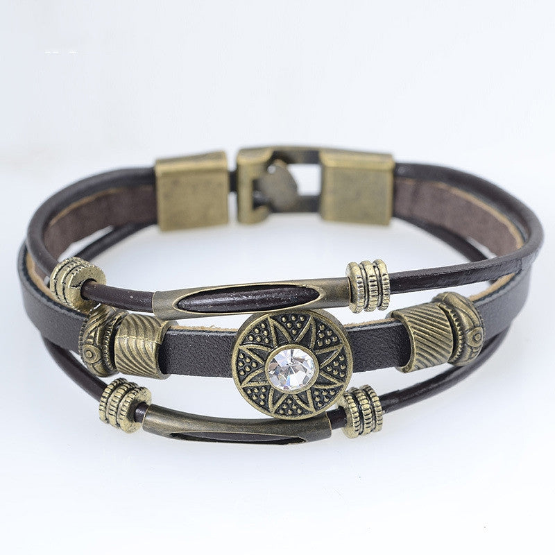 Handmade Men Jewelry Handmade Vintage PU Leather Bracelets & Bangles Pulseira Masculina Flower Bead Charm Bracelet for Men Male