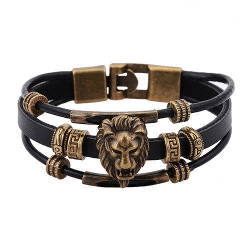 Handmade Men's Vintage Brass Hologram Bracelet for Men Wristband Punk Jewelry Tiger Head Bead Charm Leather bracelets & Bangles