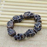Handmade Punk Skull Beaded Charm Bracelet Coffee Color Yak Bone Bangel 8.5" Adjustable