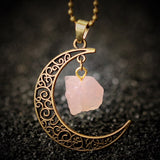 Handmade Natural Amethyst Rose Quartz Antique Bronze Galaxy Moon Pendant Necklace Healing Stone Christmas Gift Jewelry