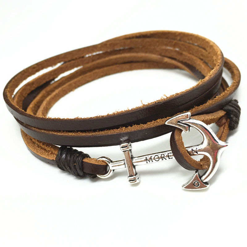 Handmade New Punk Vintage Fish Hook Charm Genuine Leather Bracelets for Homme Men Jewelry Accessories
