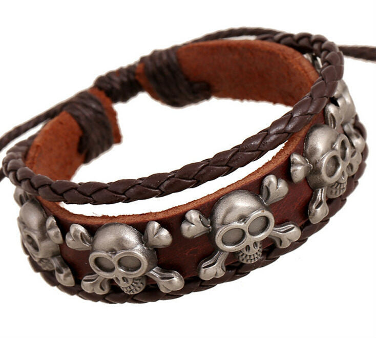 Handmade Rock Pirate Skull Charm Leather Adjustable Bracelet Wristband Jewelry Bijouterie Unisex Girls Woman