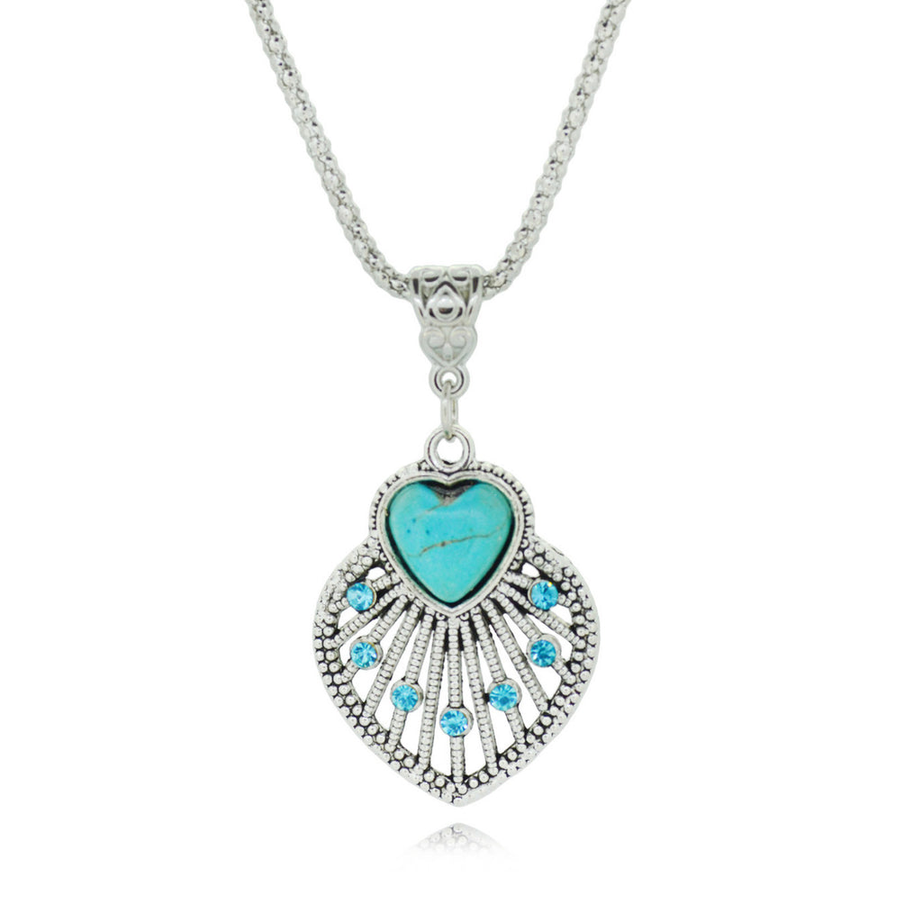 Heart Turquoise Chain Neckalce Vintage Silver Color Jewelry Crystal Heart Statement Pendant Necklace for Women Fine Jewelry