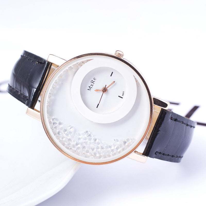 High quality New Fashion Trendy Casual Watch Moving Beads Crystal Quartz Women Dress Watch PU Leather ladies Wristwatch