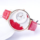 High quality New Fashion Trendy Casual Watch Moving Beads Crystal Quartz Women Dress Watch PU Leather ladies Wristwatch 