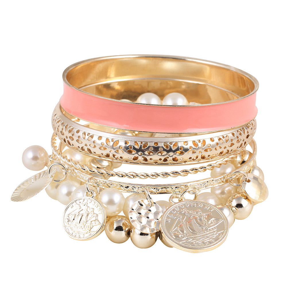 Hollow Imitation Pearl Coins Element Avatar Statement Charm Multilayer Bangle and Bracelet Fashion Jewelry