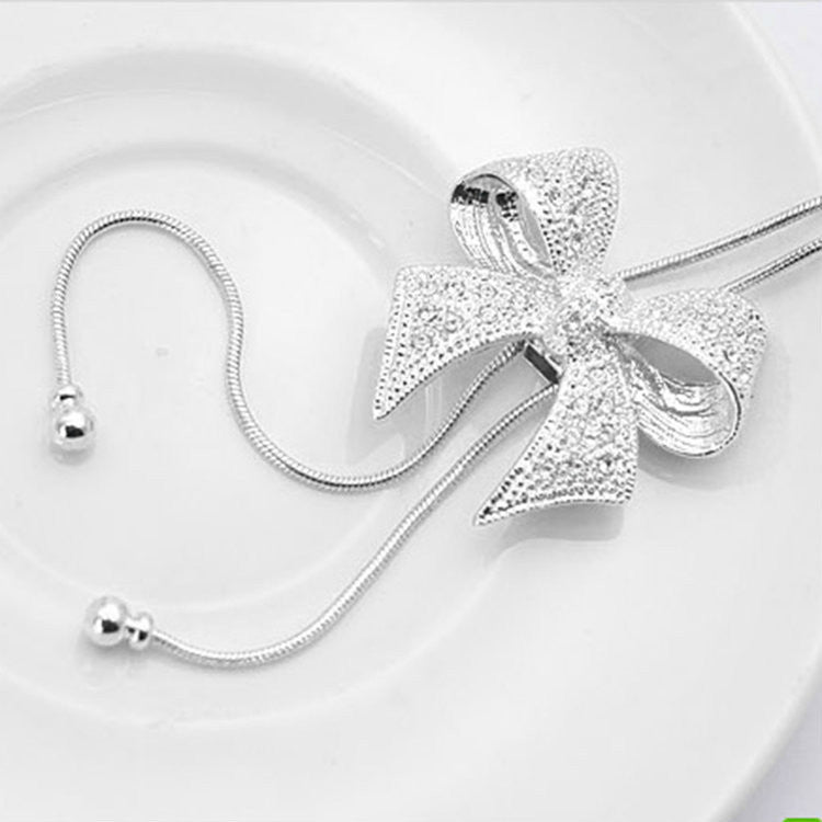 Hot Fashion Noble Alloy Rhinestone Bow Necklace Long Sweater Chain Pendant Necklace