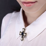 Hot Fashion simulated Pearl Rhinestone Cross Brooch jewelry Vintage Blue gem luxury brooches for women Accessories