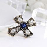 Hot Fashion simulated Pearl Rhinestone Cross Brooch jewelry Vintage Blue gem luxury brooches for women Accessories