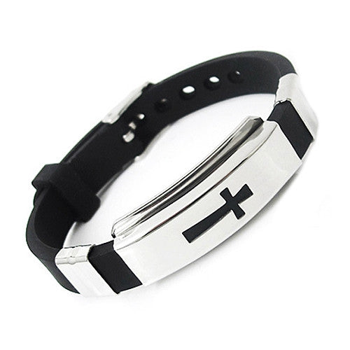 Men's Stainless Steel Bracelet Rubber Cross Black Bangle for Gift