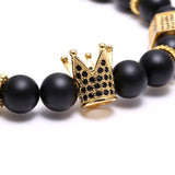 Hot Sale Micro Pave Black CZ Zirconia Gold Plated King Crown Charm ATOLYEWOLF Bracelet Men Dull Polish Matte Stone Bead Bracelet