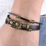 Hot Sale Vintage Flower Design Multilayer Wrap Bracelet Punk Braid Wrist Leather Charm Bracelet for Men Casual Jewelry
