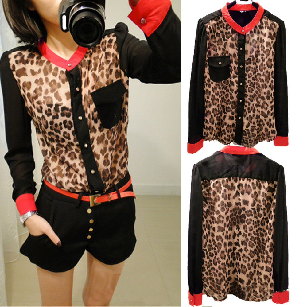 Hot Sale shirt women clothing 2015 New Fashion women blouse Chiffon Blouse Long Sleeve pocket Leopard patchwork shirt