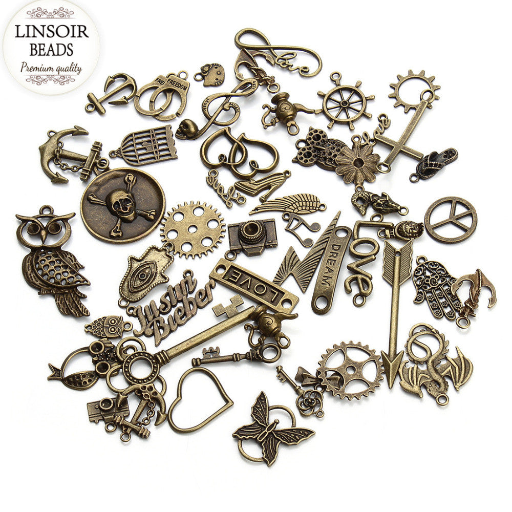 Hot Selling Mixed 50pcs/Lot Assorted Carved Charms Pendants Beads Metal Alloy Pandent Plated Antique Bronze Diy Bead