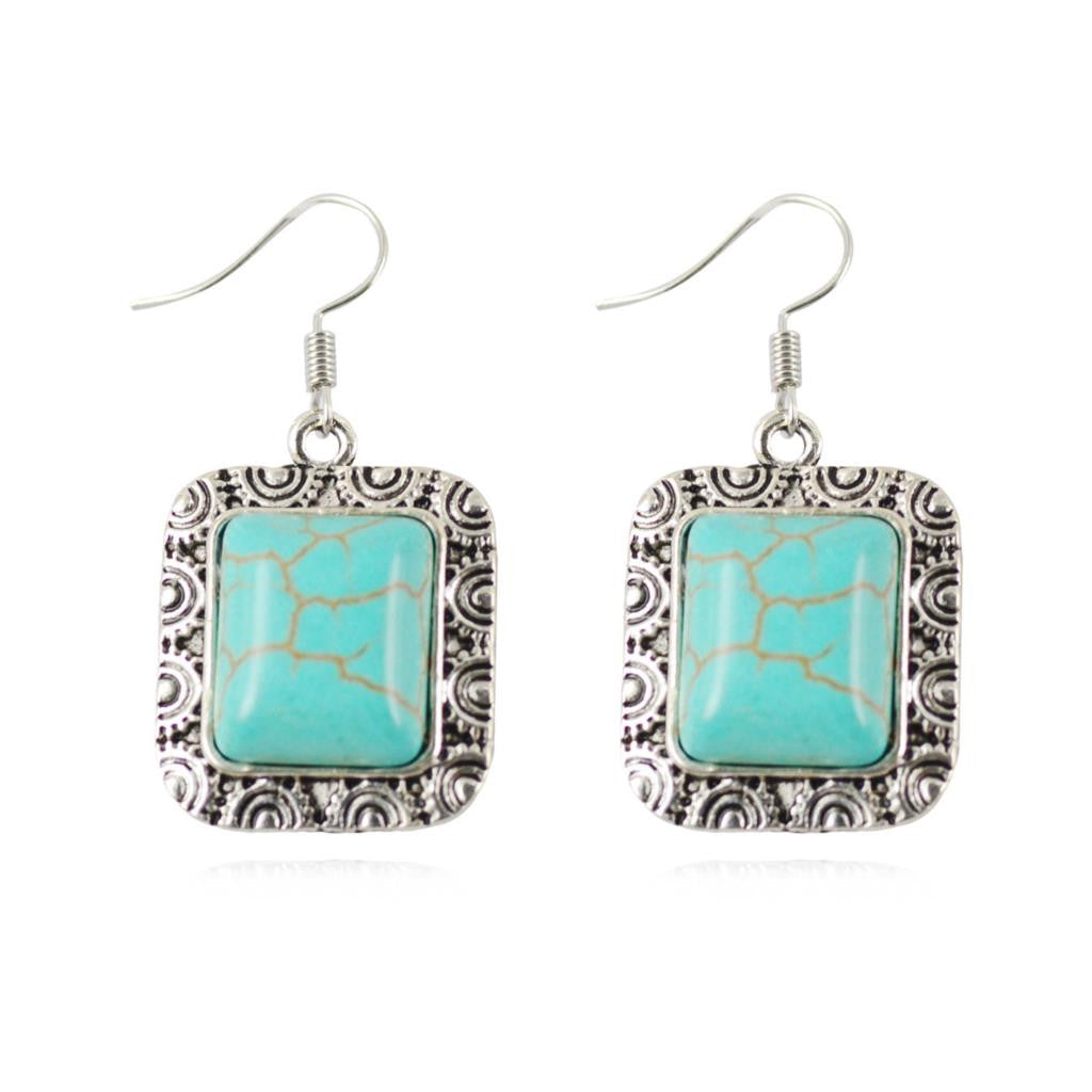 Hot Silver Color Dangle Earrings Retro Turquoise Square-Shaped Pendant Earrings for Women Gift Turquoise Jewelry