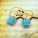 Hot Silver Color Dangle Earrings Retro Turquoise Square-Shaped Pendant Earrings for Women Gift Turquoise Jewelry