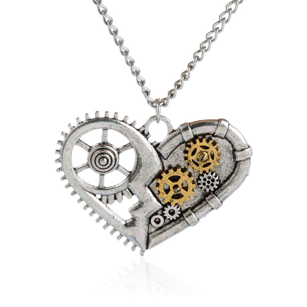 Hot Silver Color Vintage Necklace Steampunk Lover Heart Chain Statement Necklace Classic Gear Summer Jewelry