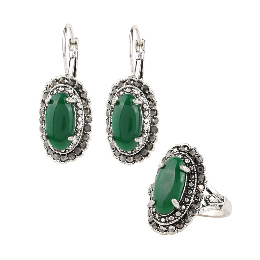 Hot Vintage Green Earrings And Rings Jewelry Sets Plating Silver Oval Resin Retro Accessories Man-made diamond Jewelry