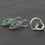 Hot Vintage Green Earrings And Rings Jewelry Sets Plating Silver Oval Resin Retro Accessories Man-made diamond Jewelry