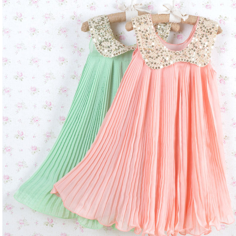 Hot sale! Summer Girls Pleated Chiffon One-Piece Dress With Paillette Collar Children Colthes For Kids Baby