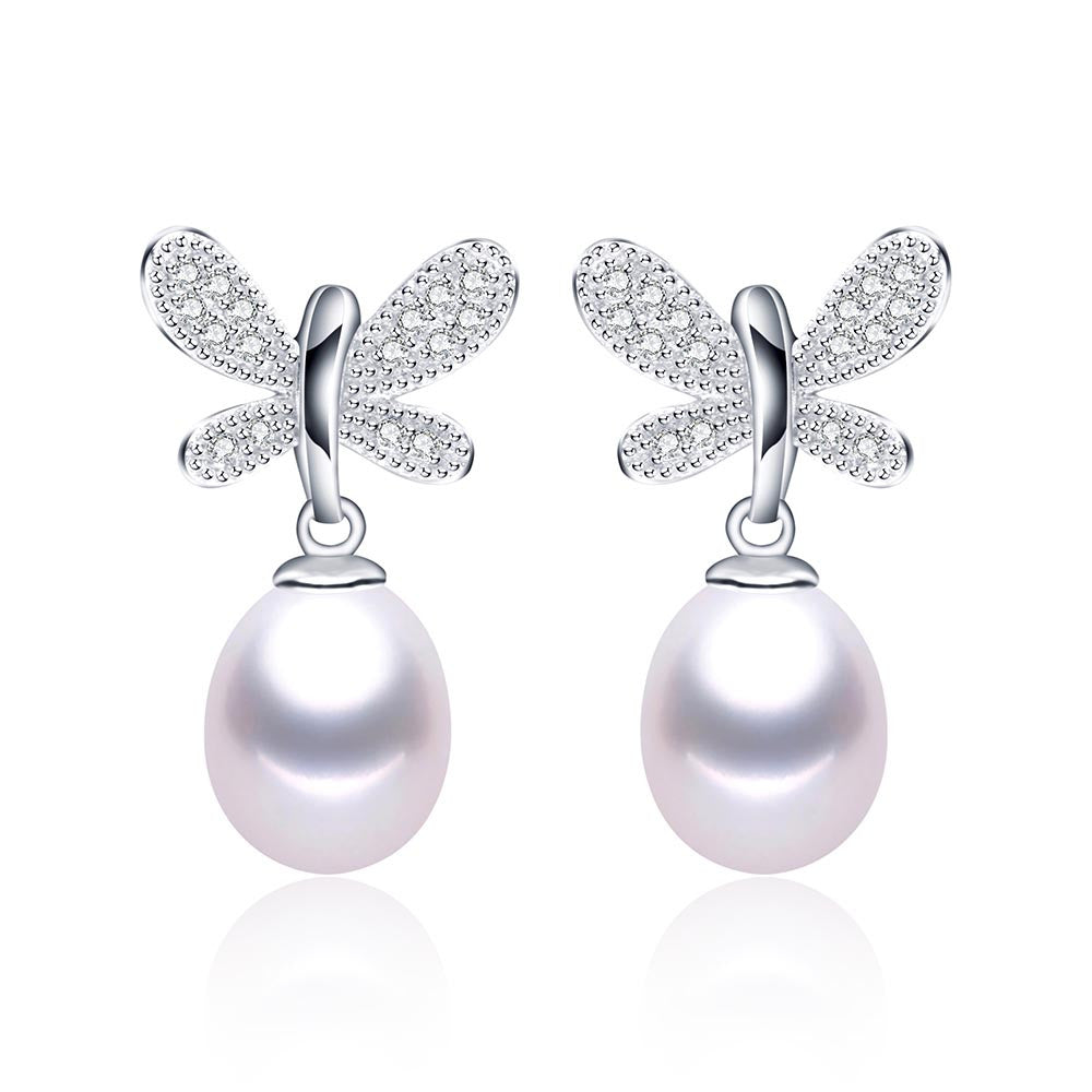 Hot sell Butterfly Pendientes Dangle Earrings 925 Sterling Silver Jewelry for Women Natural Pearl Jewelry 3 Color 9-10mm