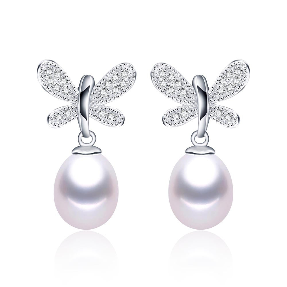 Hot sell Butterfly Pendientes Dangle Earrings 925 Sterling Silver Jewelry for Women Natural Pearl Jewelry 3 Color 9-10mm
