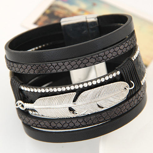 Hot Alloy Feather Leaves Wide Multilayer Rhinestone Leather Magnet Bracelet Leather Bangles pulseira feminina for Women