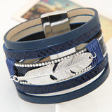 Hot Alloy Feather Leaves Wide Multilayer Rhinestone Leather Magnet Bracelet Leather Bangles pulseira feminina for Women 