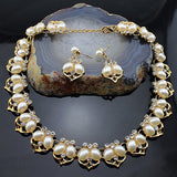 Hot Sale Imitation Pearl Necklace Set Gold Plated Clear Crystal Leaf Design Bridal Jewelry Party Gifts