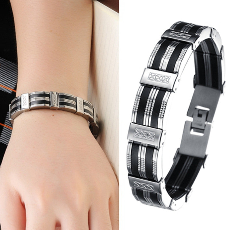 Hot Sale New Fashion Jewelry Black Silicone Mix Stainless Steel Personality Men Bracelet Male Bangles
