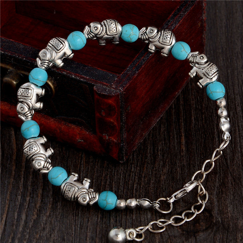 Hot Sale Retro Elephant Adjustable Chain Bead For Ladies Turquoise Bracelet