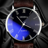 Hot Selling Good Deal Men Roman Numerals Blu-Ray Faux Leather Band Quartz Analog Business Watch