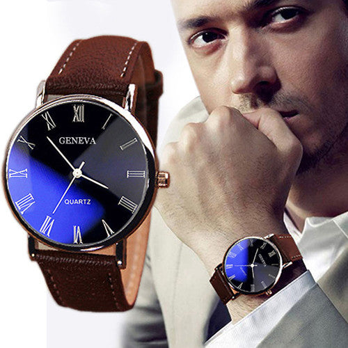 Hot Selling Good Deal Men Roman Numerals Blu-Ray Faux Leather Band Quartz Analog Business Watch