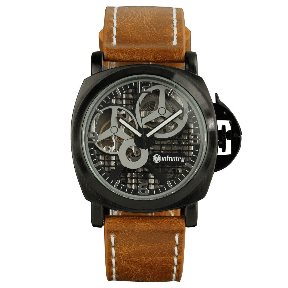 INFANTRY Men's Watches Brand Military Army Wristwatches Brown Leather Hand Winding Mechanical Skeleton New Relogio Masculino