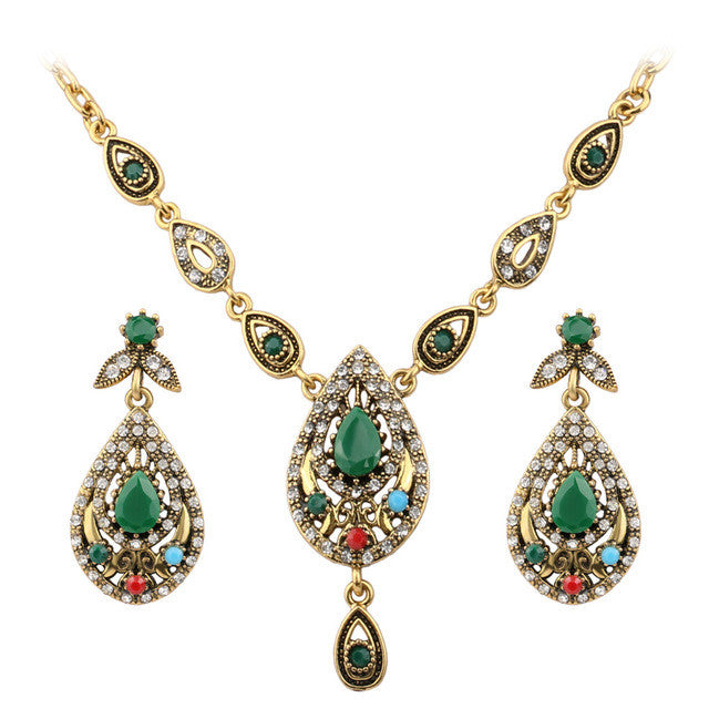 Indian Jewelry Set Elegant Drops Of Water Costume Jewelry Necklace Earring Sets Tibetan Silver Alloy Jewelry For Women