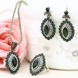 Indian Vintage Luxury Rhinestone Green Crystal Horse Eye Flower Statement Necklace Earring Fashion Jewelry Set Anel De Formatura