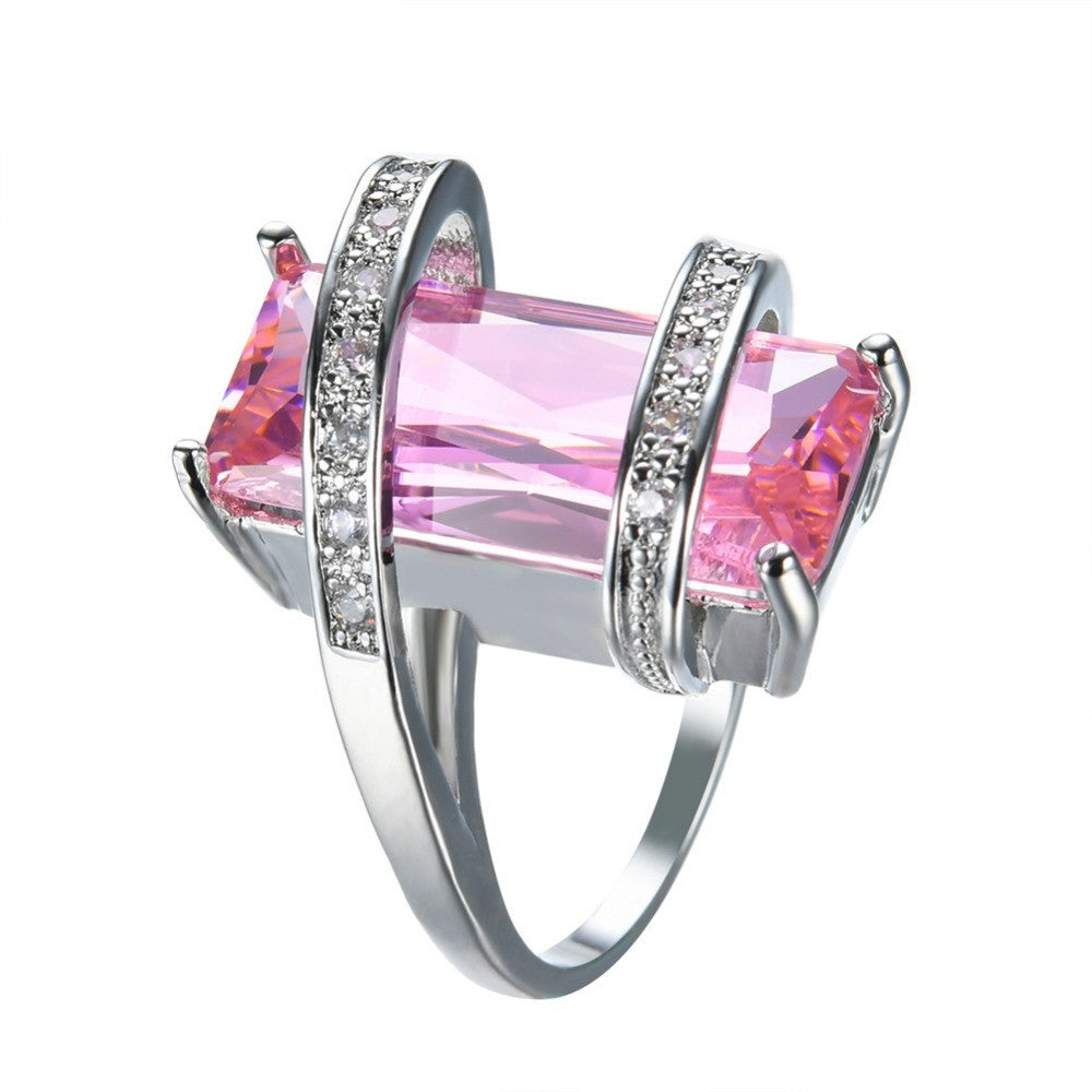 Big Geometric Female Ring Cute Princess Cut Pink Ring New Fashion White Gold Filled Jewelry Promise Engagement Ring