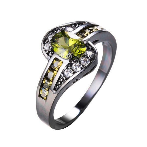 Female Peridot Oval Ring Fashion White & Black Gold Filled Jewelry Vintage Wedding Rings For Women Birthday Stone Gifts