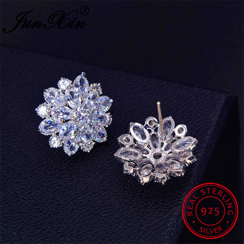 Female Snowflake Stud Earring 100% Real 925 Sterling Silver Jewelry High Quality AAA Zircon Double Earrings For Women