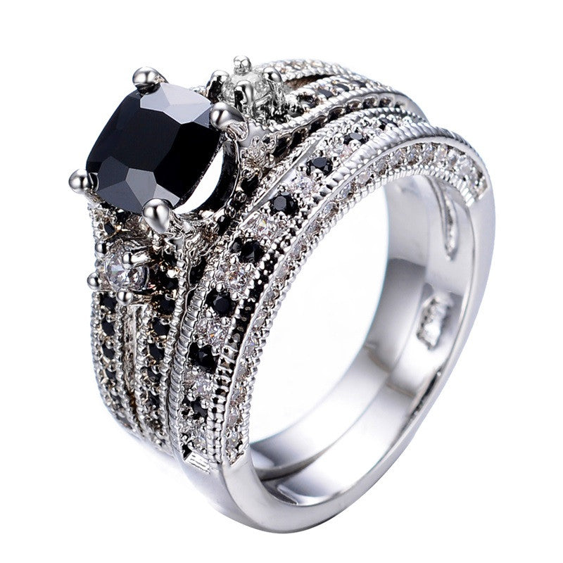 Men's Gorgeous Black Crystal Ring Set Promise Engagement Rings For Women Fashion 10KT White Gold Filled Jewelry