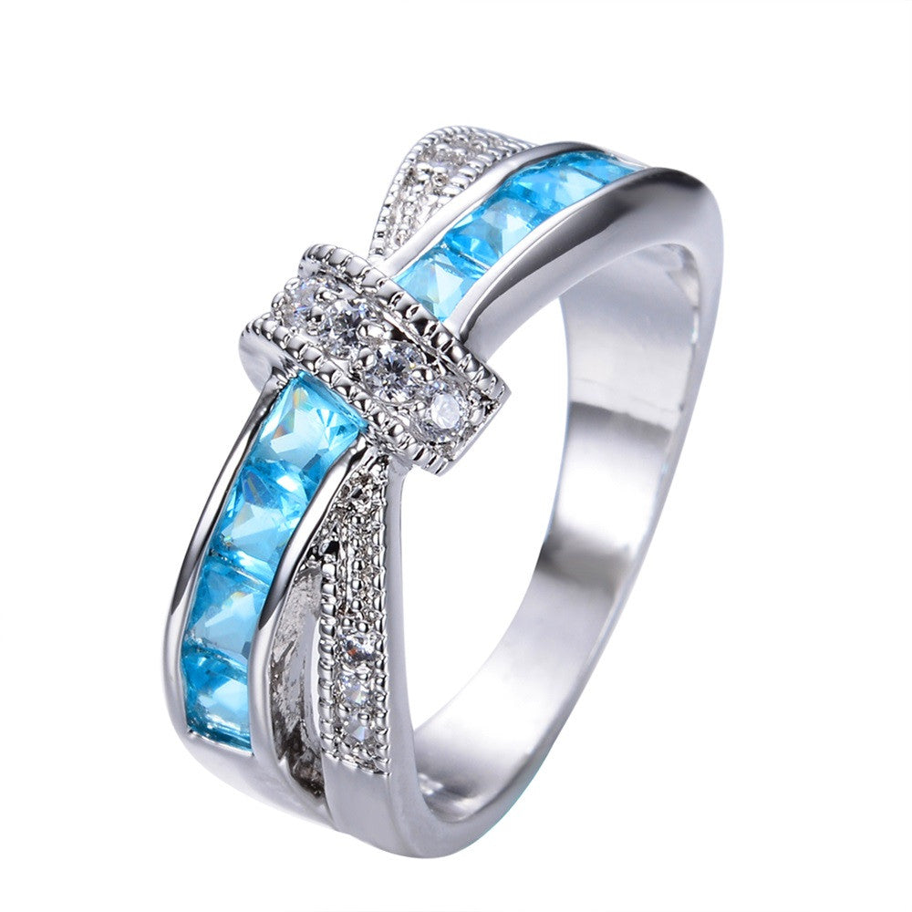 Unique Design Light Blue Zircon Ring White Gold Filled Wedding Party Engagement Finger Rings For Women Fashion Jewelry