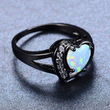 Women White Fire Opal Heart Ring With AAA Zircon Black Gold Ring Promise Engagement Rings Bridal Fashion Jewelry